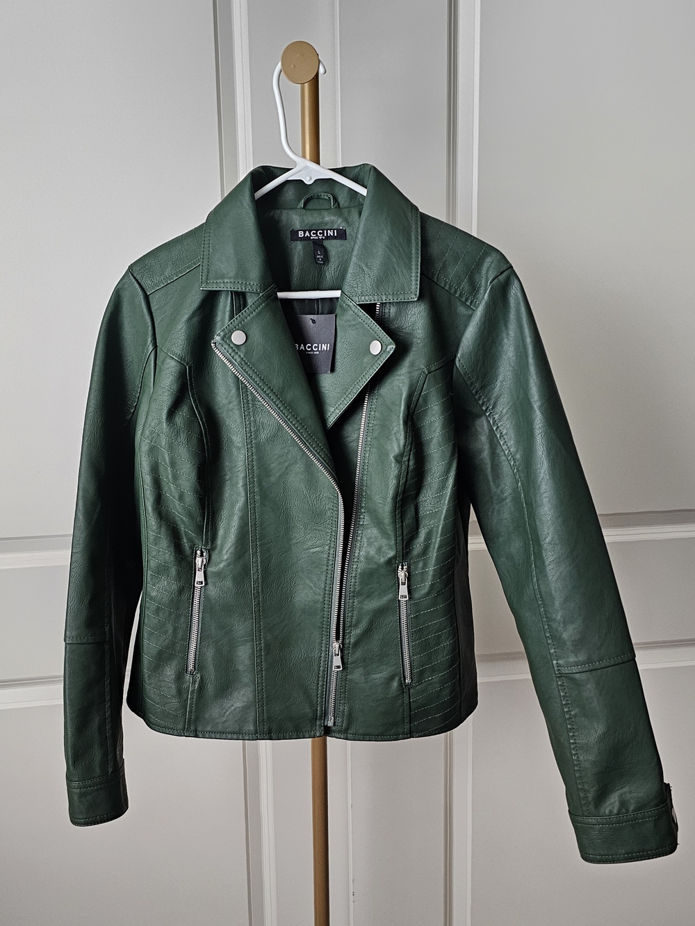 BACCINI Women's Green Faux Leather Moto Jacket Size L